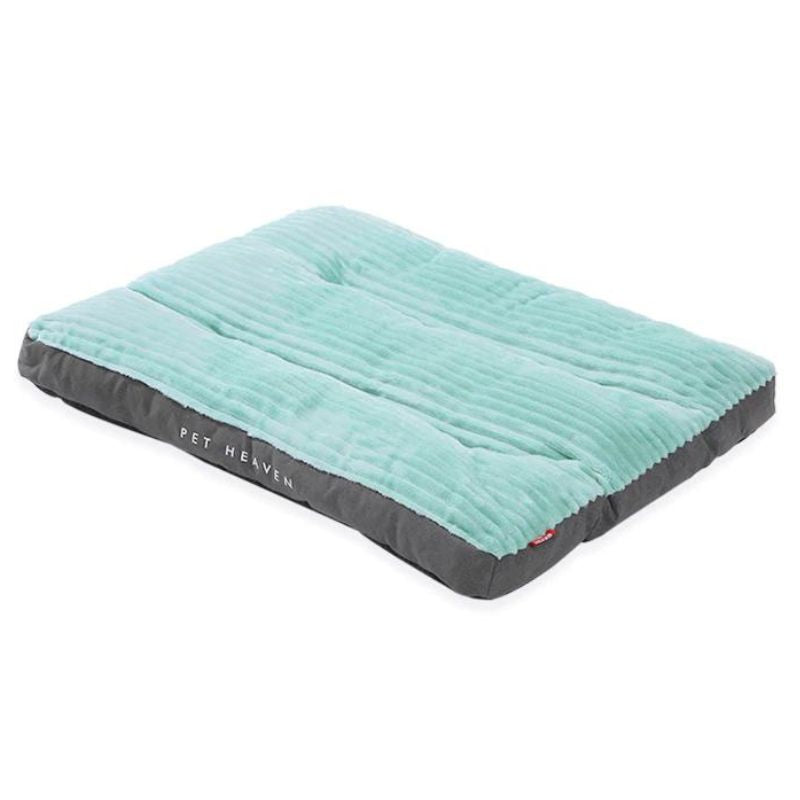 BigWoof Corduroy Comfort Pet Bed - Green and Gray with dog sleeping on it closeup