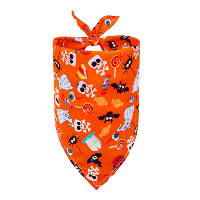 Halloween Dog Bandana - Halloween Orange - Orange with Skulls, Candy Corn, Bats, Ghosts, Eyeballs, Spiders