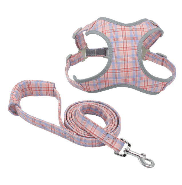 Pink plaid harness and leash for dogs and cats