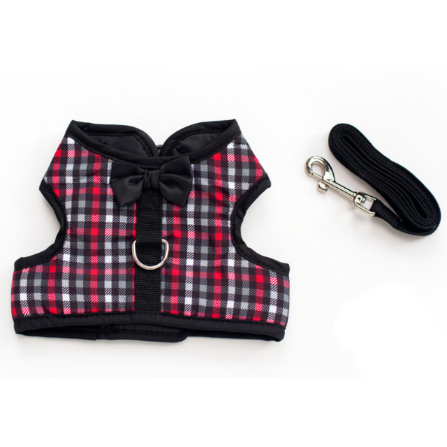 Red plaid harness and leash set for dogs and cats