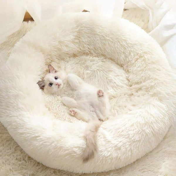 Cuddle Cloud Pet Bed for dogs and cats warm soft anti-anxiety plush fur pearl white kitten